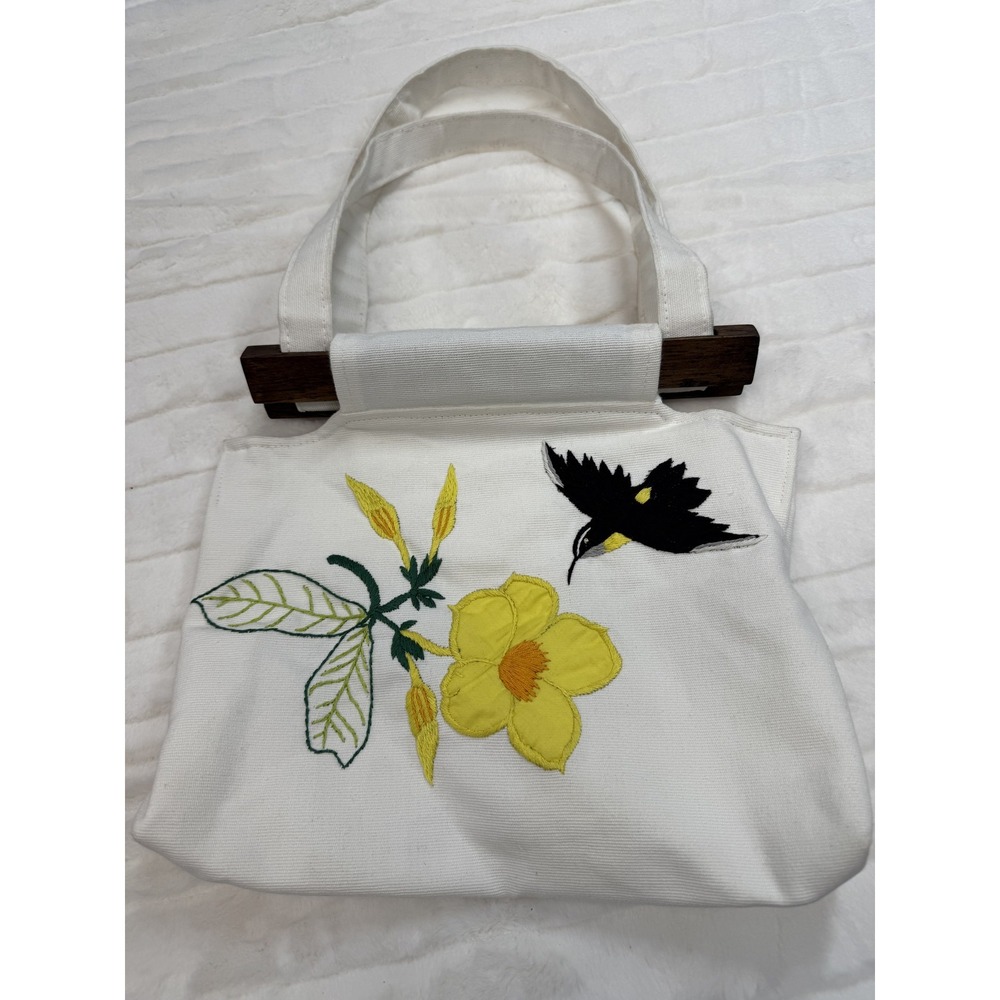 Embroidered Canvas Tote Bag Womens White Yellow Flower Bird Wood Handle Purse